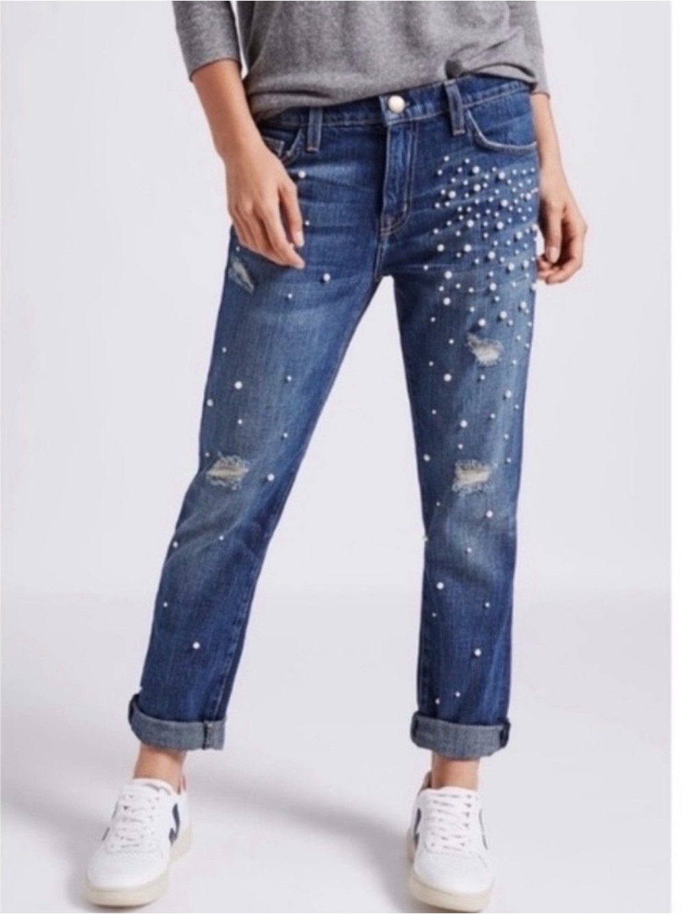 Current/Elliott Blue Boyfriend Jeans with Pearl Accents